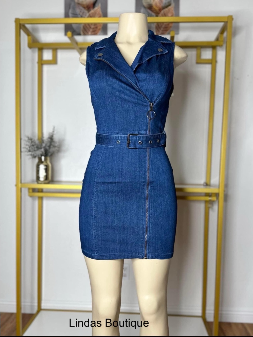 Sleeveless Blue Denim Moto-Style Mini Dress with Belt